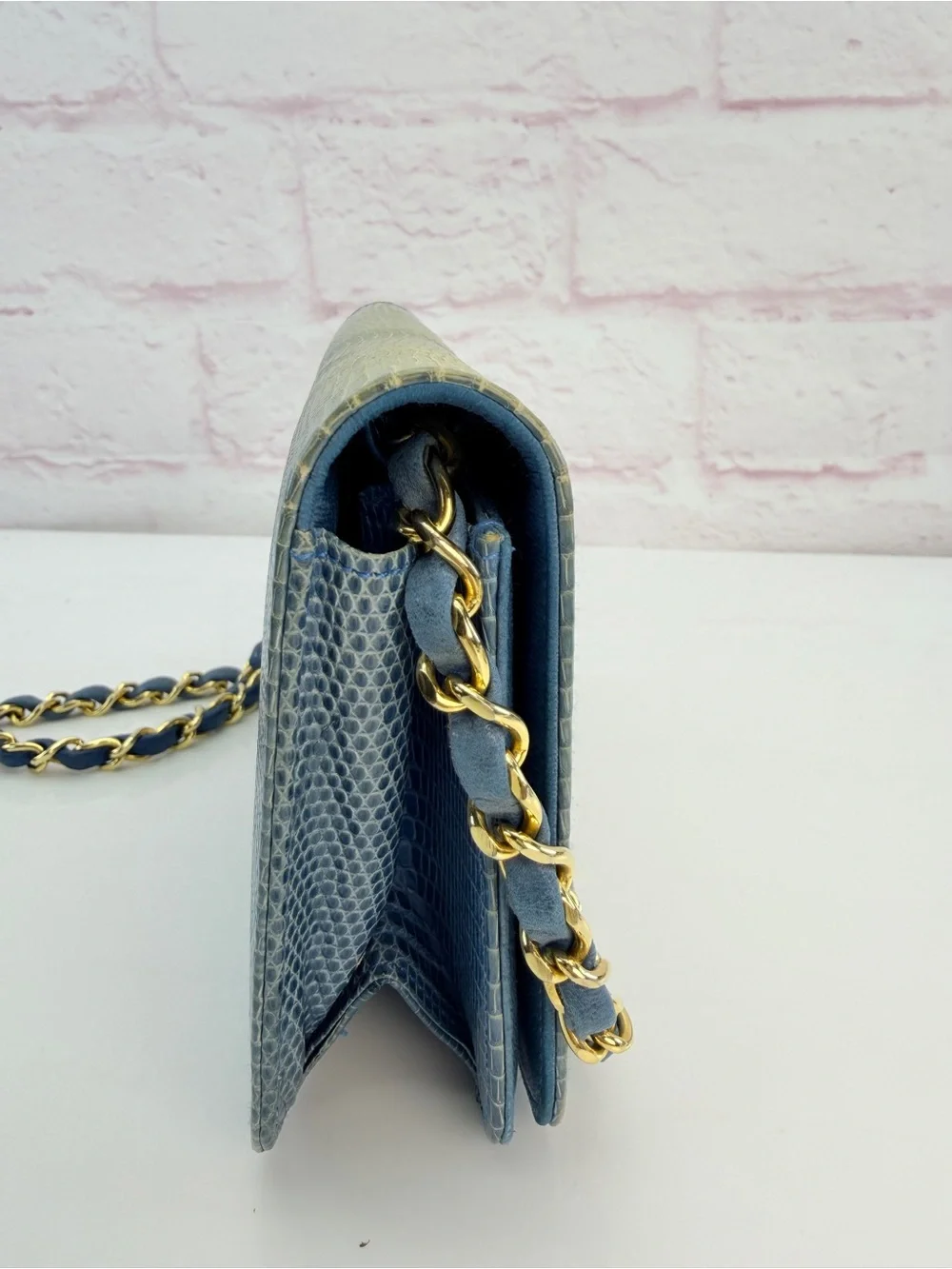 RARE Chanel Blue Lizard Skin Flap Bag Wallet on Chain 0 Series 1986-88